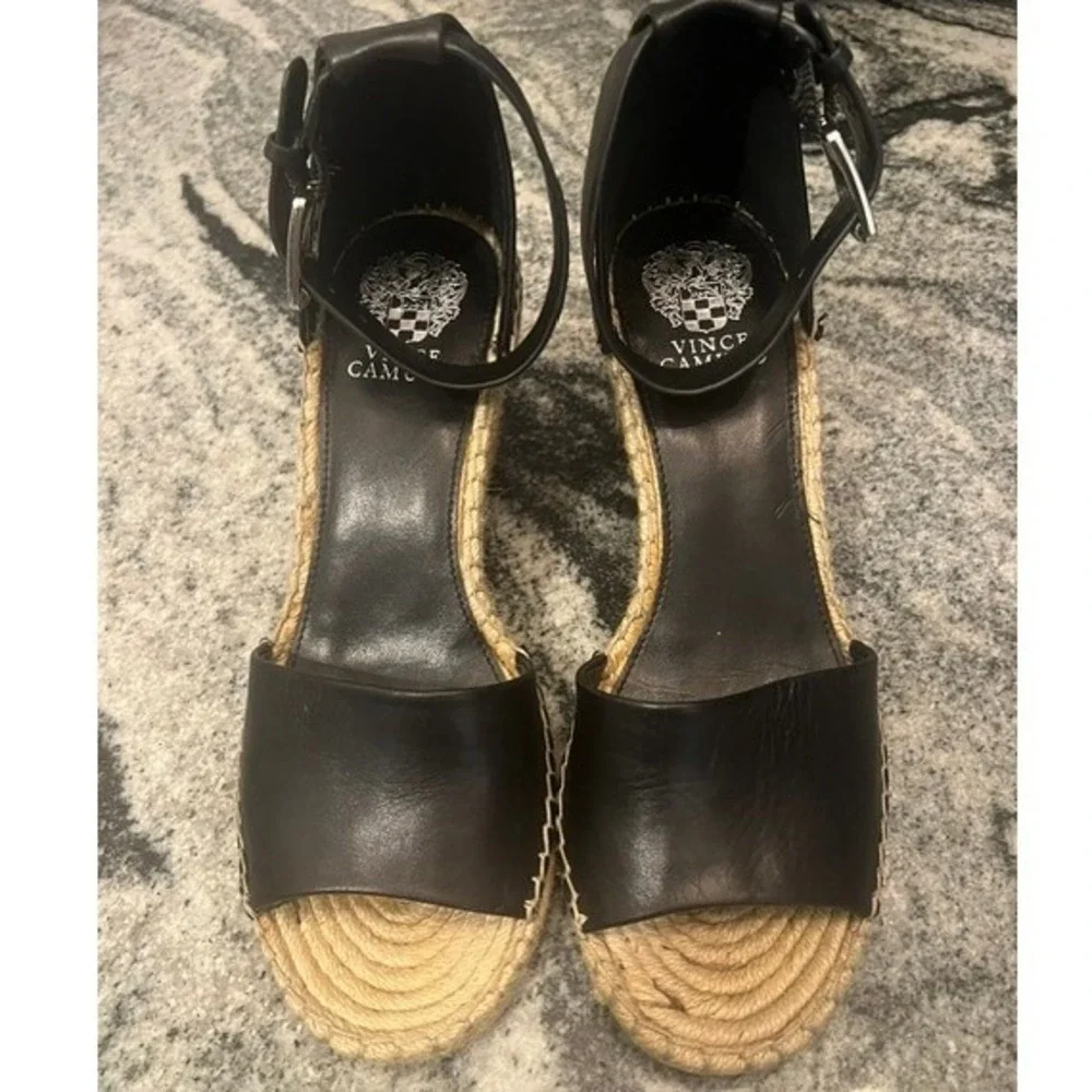 Vince Camuto Espadrille Wedge Sandals Womens Black Leather Ankle Strap Size 10